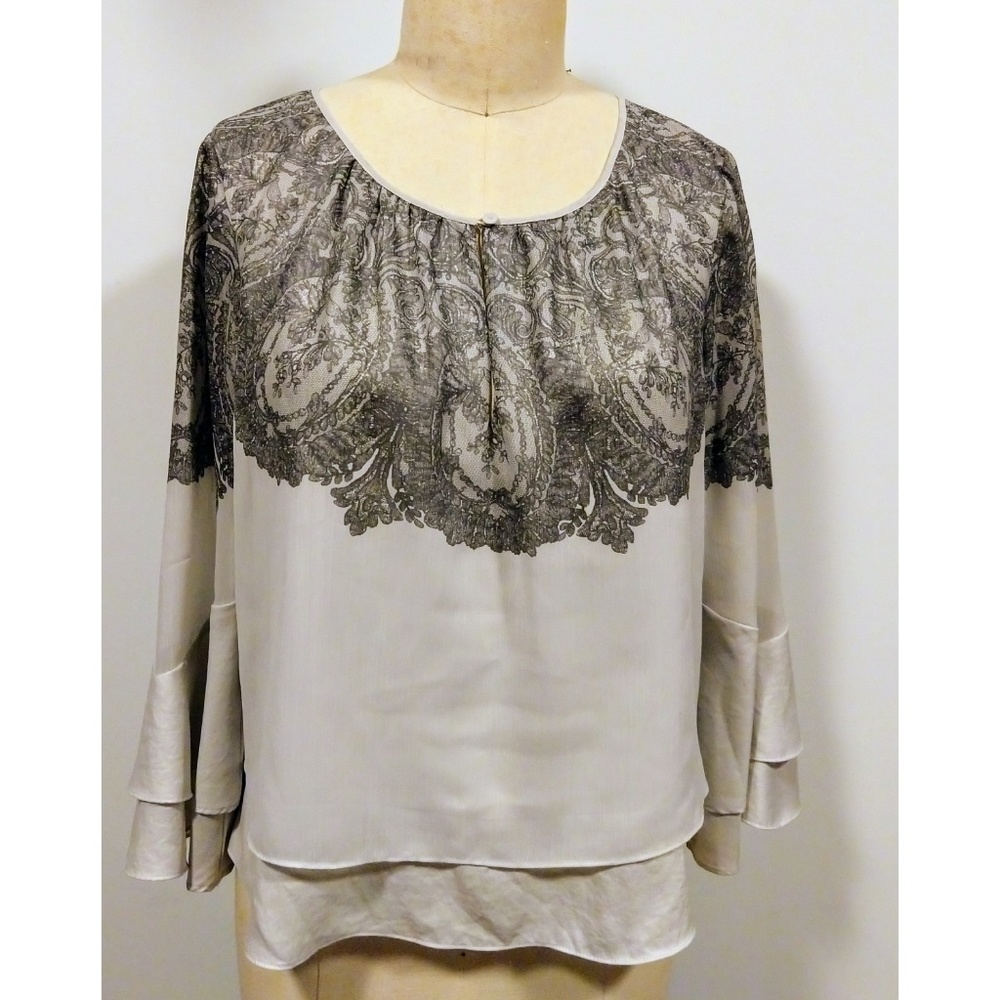 BCBGMaxAzria Blouse Long Sleeve Gray Grey LG - Picture 2 of 8